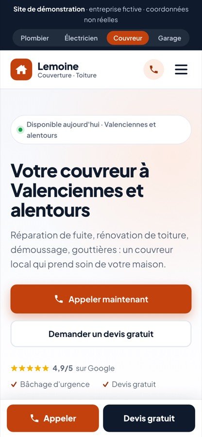 Aperçu du site de démonstration pour un couvreur