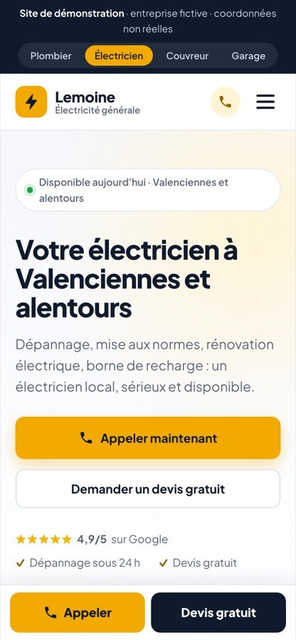 Aperçu du site de démonstration pour un électricien