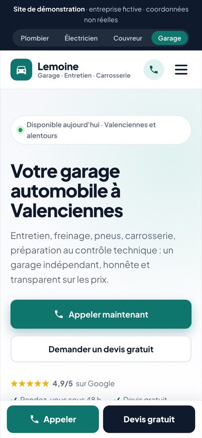 Aperçu du site de démonstration pour un garage